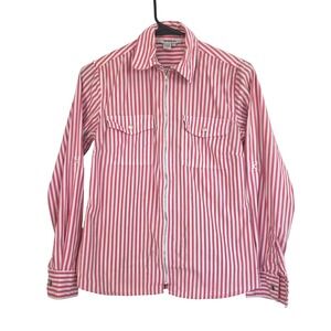 Tracy M. Womens Pink White Striped‎ Zip Up Shirt Roll Tab Sleeve Small